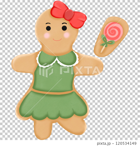 A cartoon gingerbread cookie in a green skirt with a red bow, paired with a candy-patterned cookie. A cartoon gingerbread cookie in a green skirt with a red bow, paired with a candy-patterned cookie. 120534149