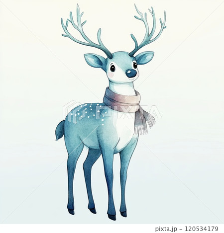 Christmas Watercolor Reindeer with Gradient Blue Legs Frosty White Antlers in Soft Background, grey muffler, white space, Perfect for Holiday Designs, gen ai 120534179
