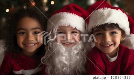 Santa Claus with Two Smiling Children in Festive Sweaters by a Christmas Tree_5 120534313