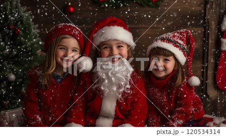 Santa Claus with Two Smiling Children in Festive Sweaters by a Christmas Tree_6 120534314