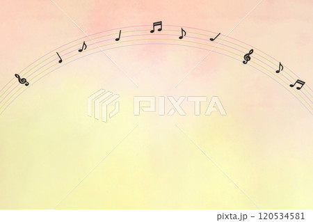 温もりがあるピンクと黄色のグラデーションがかった空にカラフルな五線譜の虹がかかる音楽の背景 温もりがあるピンクと黄色のグラデーションがかった空にカラフルな五線譜の虹がかかる音楽の背景 120534581