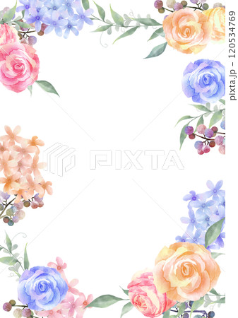 水彩のカラフルな薔薇のフレーム 白背景 水彩のカラフルな薔薇のフレーム 白背景 120534769