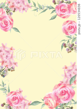 水彩で描いたピンクの薔薇のフレーム クリーム色背景 水彩で描いたピンクの薔薇のフレーム クリーム色背景 120534836