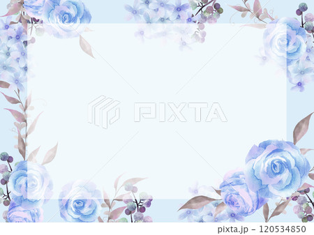 水彩の青い薔薇の背景　四角フレーム付き 120534850