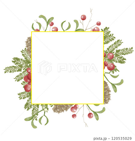 Christmas Template for Text, White Square with Gold Border, Fir Branches and Cones, Red Berries and Mistletoe Sprigs, Watercolor Copy Space Illustration for Print and Web Christmas Template for Text, White Square with Gold Border, Fir Branches and Cones, Red Berries and Mistletoe Sprigs, Watercolor Copy Space Illustration for Print and Web 120535029