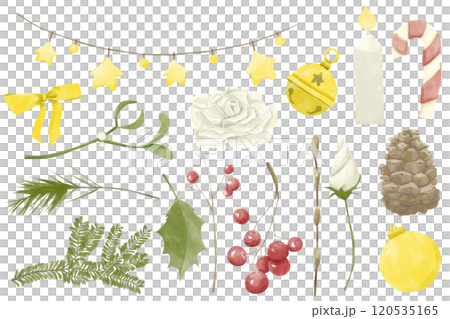 Festive Winter Clipart Collection with Fir Branches, Candle with Flame, Garland with Stars, White Roses, Red Berries, Bow, Golden Bell, Striped Candy, Watercolor Illustration for Print and Web Festive Winter Clipart Collection with Fir Branches, Candle with Flame, Garland with Stars, White Roses, Red Berries, Bow, Golden Bell, Striped Candy, Watercolor Illustration for Print and Web 120535165