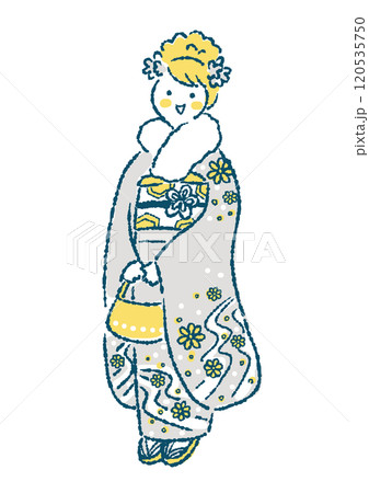 振袖を着た女性の手描きイラスト 120535750