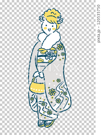振袖を着た女性の手描きイラスト 120535750