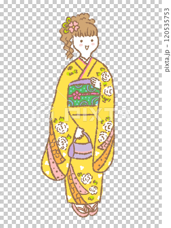 Hand-drawn illustration of a woman wearing a furisode Hand-drawn illustration of a woman wearing a furisode 120535753