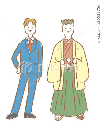 スーツの男性と羽織袴の男性の手描きイラスト（成人式など）のイラスト