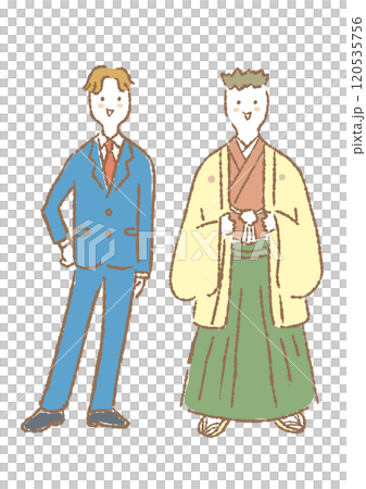 スーツの男性と羽織袴の男性の手描きイラスト（成人式など）のイラスト