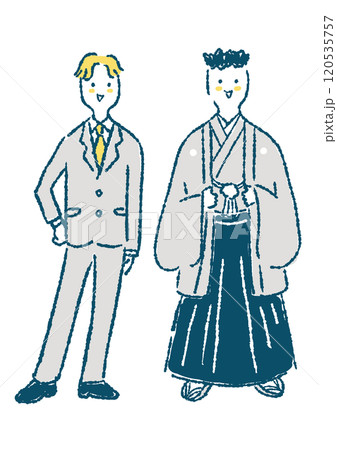 スーツの男性と羽織袴の男性の手描きイラスト（成人式など） 120535757