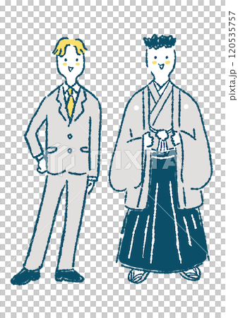 スーツの男性と羽織袴の男性の手描きイラスト（成人式など） 120535757