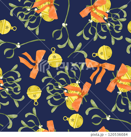 Seamless Pattern Winter Holidays with Golden Bell, Mistletoe Berries Branches, Orange Bows, Watercolor Illustration for Print on Physical Products: Packaging, Wrapping Paper, Textile and Web Uses Seamless Pattern Winter Holidays with Golden Bell, Mistletoe Berries Branches, Orange Bows, Watercolor Illustration for Print on Physical Products: Packaging, Wrapping Paper, Textile and Web Uses 120536084