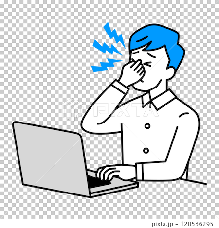 Casual man suffering from eye strain while working on laptop 120536295