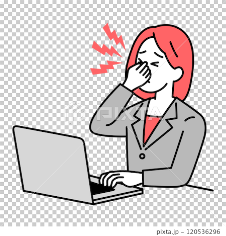 ノートパソコンでの仕事中に眼精疲労がつらいスーツの女性 ノートパソコンでの仕事中に眼精疲労がつらいスーツの女性 120536296