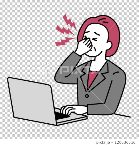 一名身穿西裝的中年婦女在筆記型電腦上工作時眼睛疲勞 120536316