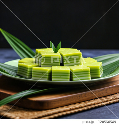 Kuih lapis, traditional malaysian layered dessert, resting on pandan leaves 120536589