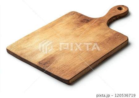Wooden Cutting Board Isolated on a White Background. Rustic wood cutting board with Handle. Banner. Cooking utensils. Empty Space for Text or Design. Mock up Banner. Podium for Montage Installation. 120536719