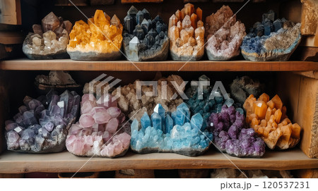 Shelves filled with vibrant crystal clusters in purple, blue, orange, and pink hues, beautifully arranged 120537231