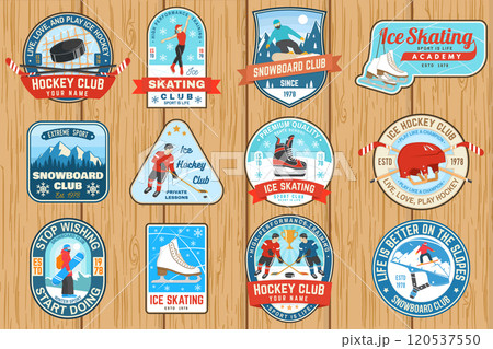 Set of Ice Hockey, snowboard and Ice Skate club logo, patch with snowboarder, skier rides, ice hockey player, sticker, puck, skate, helmet, ice skater girl. Winter sport. Vector. Set of Ice Hockey, snowboard and Ice Skate club logo, patch with snowboarder, skier rides, ice hockey player, sticker, puck, skate, helmet, ice skater girl. Winter sport. Vector. 120537550