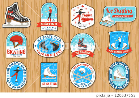 Set of Ice Skate club logo, badge, patch design. Concept for shirt or logo, print, stamp or tee with skate, helmet, ice skater girl. Winter sport. Vector illustration. 120537555