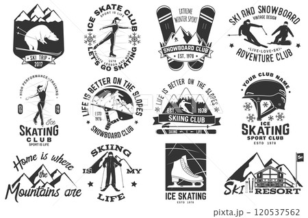 Ski, Ice Skate and Snowboard Club emblem. Vector. Concept for shirt, print, stamp, badge or tee. Vintage typography design with snowboarder, skate, skates blades and skier silhouette. Winter sport 120537562