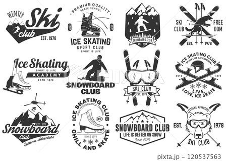 Ski, Ice Skate and Snowboard Club emblem. Vector. Concept for shirt, print, stamp, badge or tee. Vintage typography design with snowboarder, skate, skates blades and skier silhouette. Winter sport 120537563