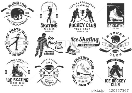 Set of Ice Skate club and Ice Hockey logo, badge design. Concept for shirt or logo, print, stamp or tee with skate, skates blades, ice hockey player, sticker, puck and helmet . Winter sport. Vector 120537567
