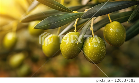 Golden hued ripe olives on a branch with sharp green leaves, softly lit by warm natural light Golden hued ripe olives on a branch with sharp green leaves, softly lit by warm natural light 120537583