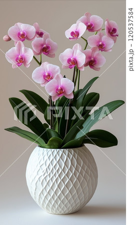 Soft pink orchids in a textured, spherical vase, showcasing lush greenery and vibrant petals 120537584