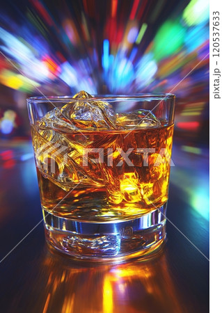A whiskey glass with golden liquid and ice, surrounded by colorful glowing lights in the background 120537633