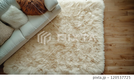 Creamy fur rug and a sofa corner with textured cushions, set on a wooden floor in warm light Creamy fur rug and a sofa corner with textured cushions, set on a wooden floor in warm light 120537725