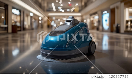 A shiny robotic floor cleaner stands in an empty shopping mall, reflecting light from its polished surface 120537735