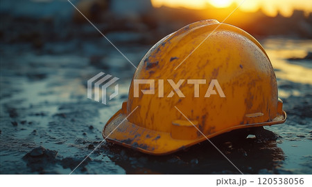 A yellow hard hat sits in muddy terrain at sunset, surrounded by warm light and construction debris 120538056
