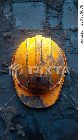 A rusty yellow hard hat hangs against a textured wall, highlighted by shadows and weathered marks 120538076