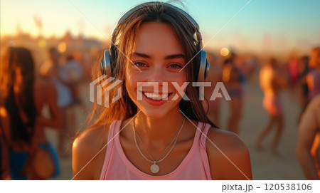 Smiling woman with headphones illuminated by sunset light on a lively beach scene 120538106