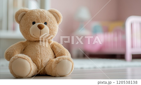 Brown teddy bear sitting on a cozy floor in a softly lit nursery with pastel colors 120538138