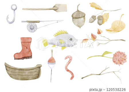 Watercolor Collection Autumn Fishing Illustrations: Fishing Hook, Wooden Boat, Paddle, Rubber Boot, Float, Flower, Branches and Autumn Leaves, Red Worm, Acorns, Fishing Rod for Print and Web Watercolor Collection Autumn Fishing Illustrations: Fishing Hook, Wooden Boat, Paddle, Rubber Boot, Float, Flower, Branches and Autumn Leaves, Red Worm, Acorns, Fishing Rod for Print and Web 120538226
