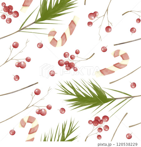 Seamless Pattern with Striped Candy Hook Lollipops, Fluffy Spruce Branches, Red Juicy Berries, Watercolor Illustration for Print on Physical Products: Packaging, Wrapping Paper, Textile and Web Use 120538229