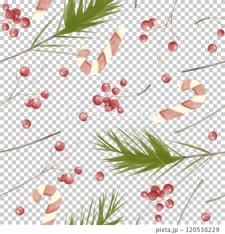 Seamless Pattern with Striped Candy Hook Lollipops, Fluffy Spruce Branches, Red Juicy Berries, Watercolor Illustration for Print on Physical Products: Packaging, Wrapping Paper, Textile and Web Use 120538229