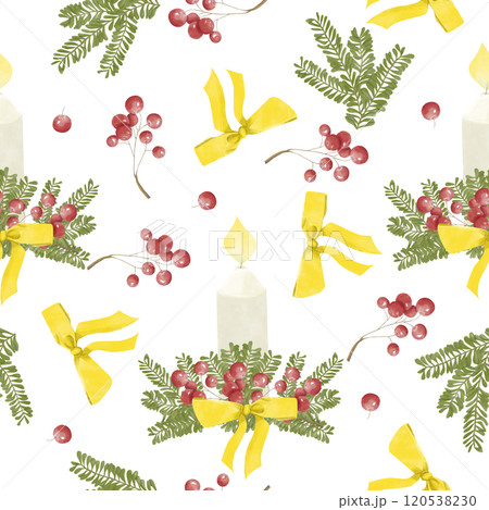 Seamless Pattern Winter Holidays with Candle, Flame, Red Berries, Golden Bow, Xmas Tree Branches, Watercolor Illustration for Print on Physical Products and Web Use 120538230