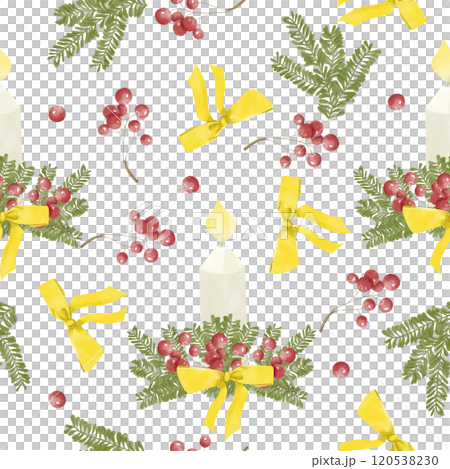 Seamless Pattern Winter Holidays with Candle, Flame, Red Berries, Golden Bow, Xmas Tree Branches, Watercolor Illustration for Print on Physical Products and Web Use 120538230