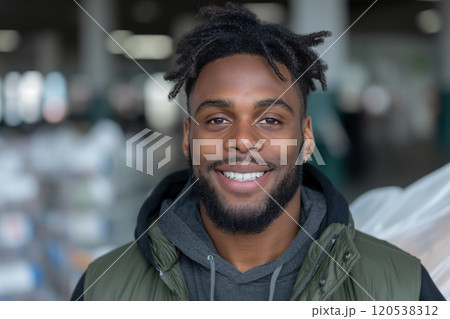 A friendly man with dreadlocks and a hoodie smiles confidently in a food service environment 120538312