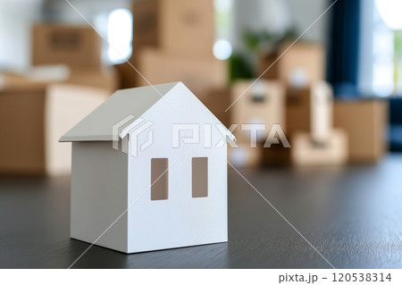 A small white model house sits on a dark surface, with out of focus boxes in the background 120538314
