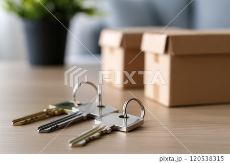 Three silver keys resting on a wooden table near cardboard boxes, a plant blurred in the background 120538315