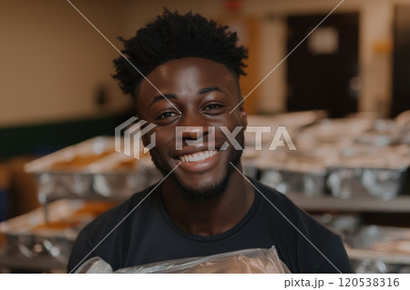 A cheerful volunteer with a bright smile holds a tray, standing in a soup kitchen setting 120538316