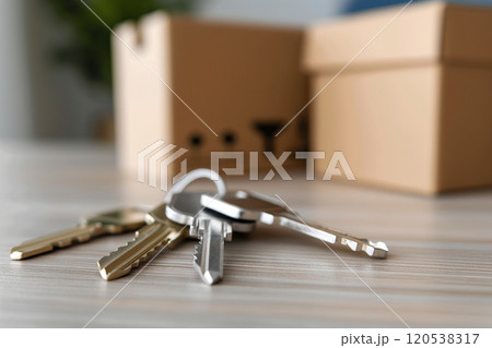 Close up of keys on a table with cardboard boxes blurred in the background, symbolizing a new home 120538317