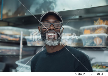 A volunteer wearing glasses smiles warmly in a kitchen filled with trays of prepared food 120538319
