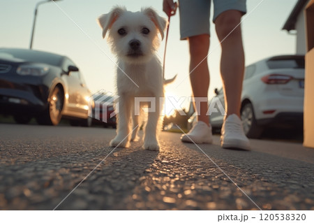 Small white puppy on a street at sunset, with a leash, gazing curiously at the camera 120538320